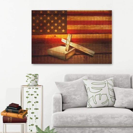 American Flag With Cross Holy Bible Canvas Print - Christian Wall Art