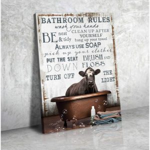 Angus Cow In The Bathtub On Vintage Rustic Wood Bathroom Rules Farm Farmhouse Canvas Prints Wall Art Decor 3