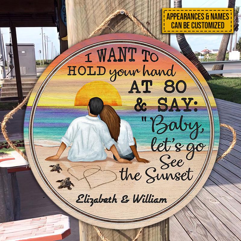 Beach-Young-Couple-See-The-Sunset-Custom-Wood-Circle-Sign-2 Beach Young Couple See The Sunset Custom Wood Circle Sign 2