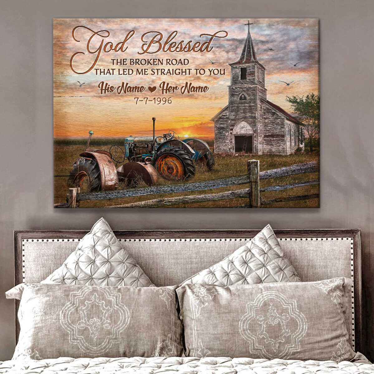 Beautiful Church And Couple Tractor God Blessed The Broken Road Custom Names And Date Personalized Canvas Prints Wall Art Decor
