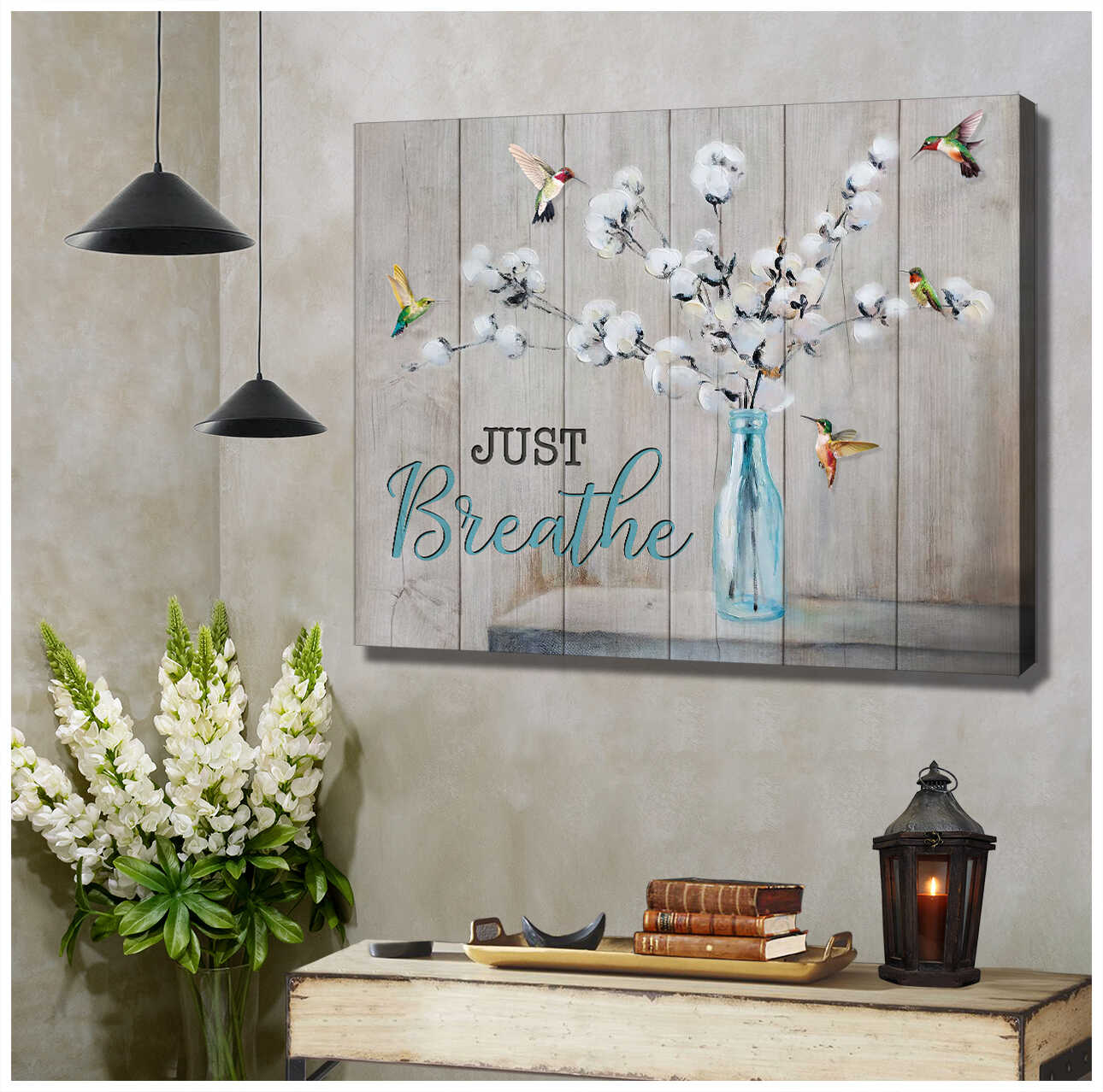 Beautiful Cotton Flowers And Hummingbirds Just Breathe Farm Farmhouse Canvas Prints Wall Art Decor