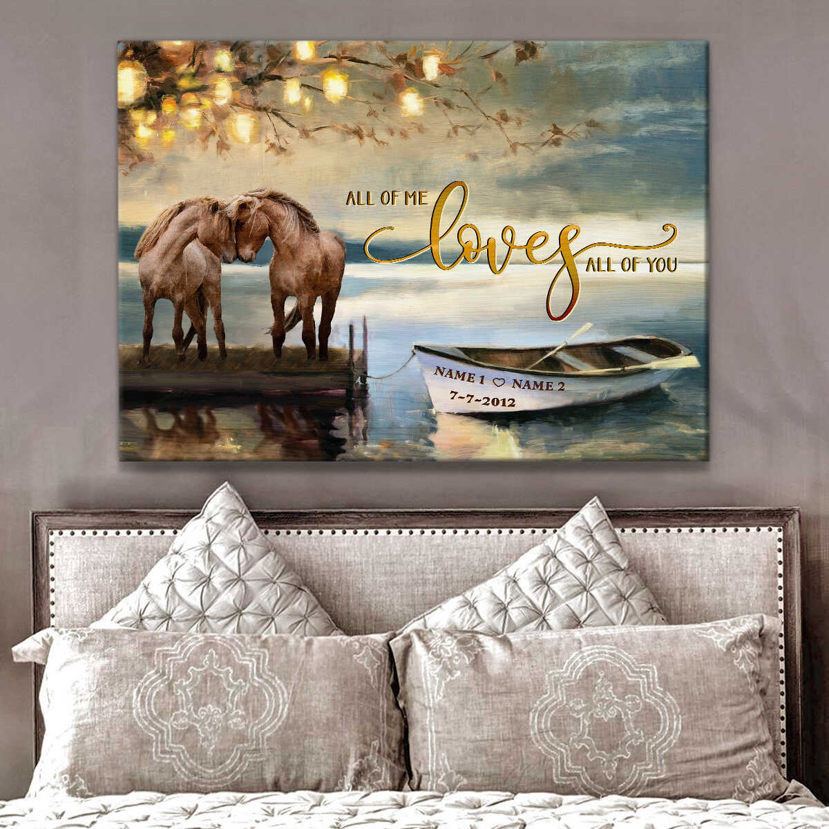 Beautiful Horse Couple By The Lake All Of Me Loves All Of You Custom Name And Date Personalized Canvas Prints Wall Art Decor