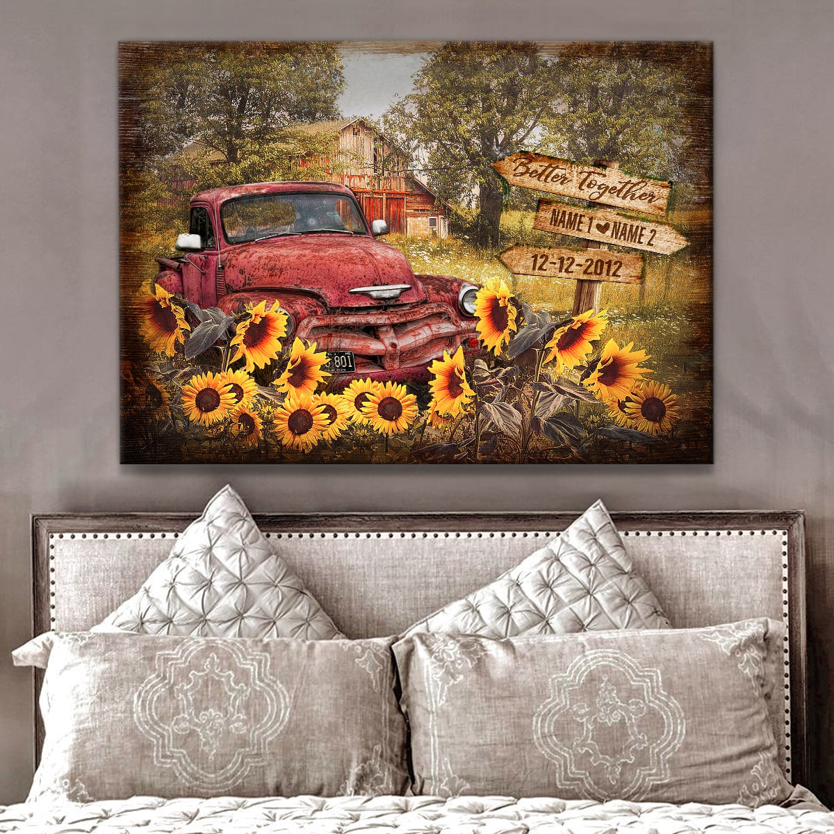 Beautiful Summer Country Scene And Pickup Truck Better Together Custom Names And Date Personalized Canvas Prints Wall Art Decor