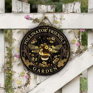 Bee Pollinator Friendly Garden Customized Wood Circle Sign 2