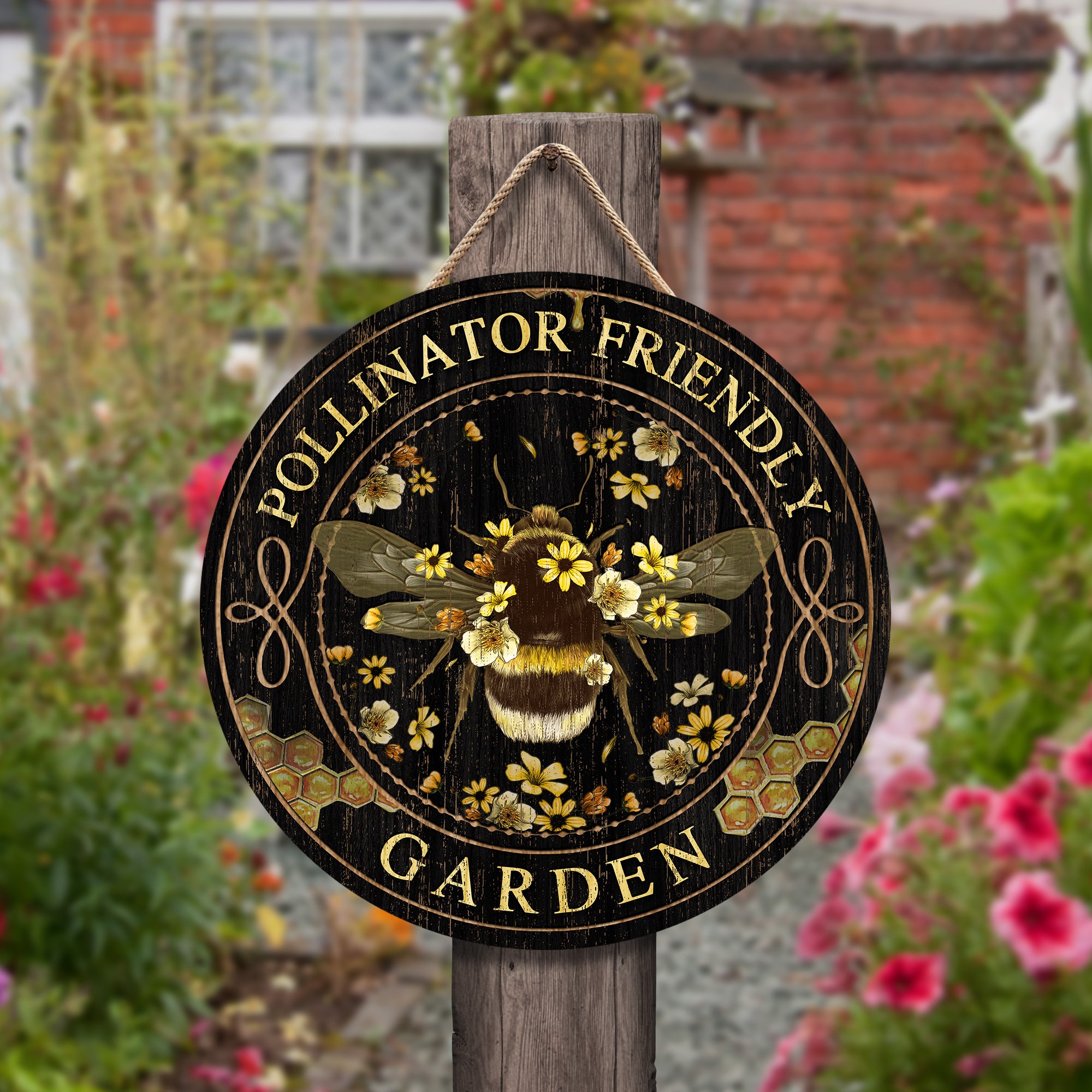 Bee Pollinator Friendly Garden Customized Wood Circle Sign