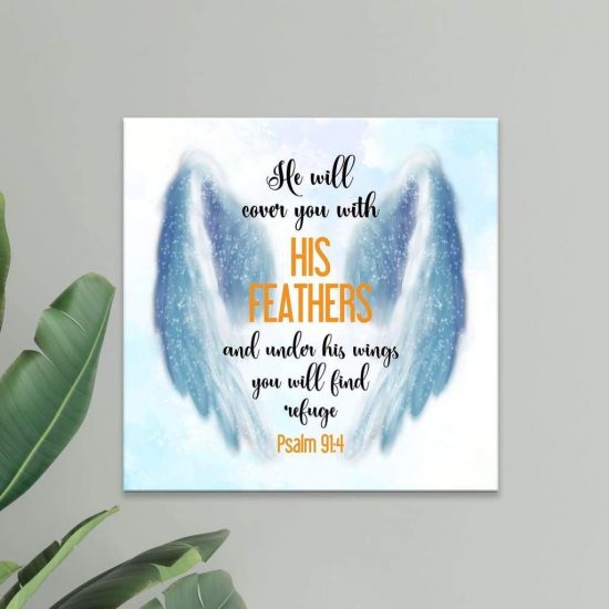 Bible Verse Wall Art: He Will Cover You With His Feathers Psalm 91:4 Canvas Art