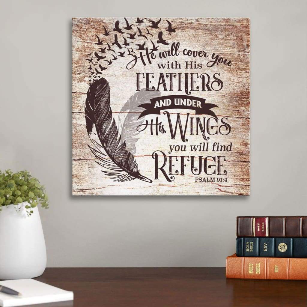 Bible Verse Wall Art: Psalm 91:4 He Will Cover You With His Feathers Canvas Print