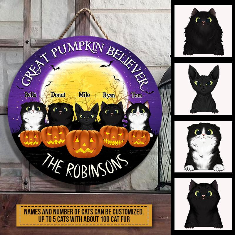 Black Cat Great Pumpkin Believer Custom Wood Circle Sign