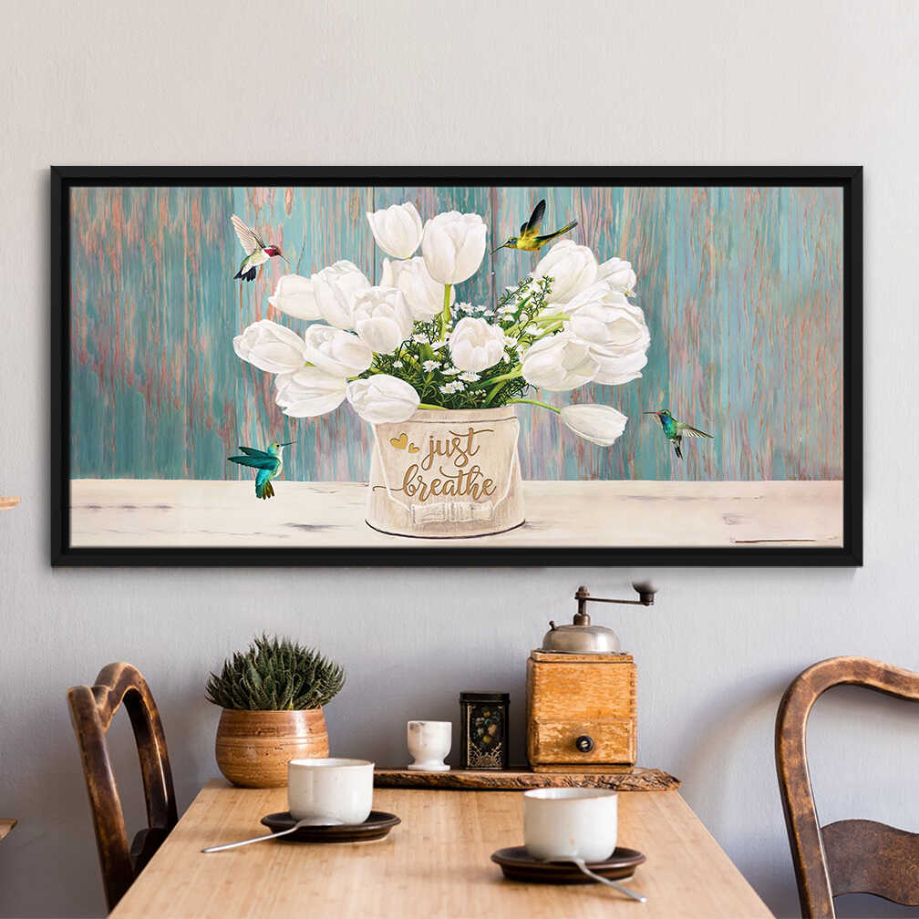 Black Framed Canvas Just Breathe Hummingbird And Tulips Canvas Prints Wall Art Decor