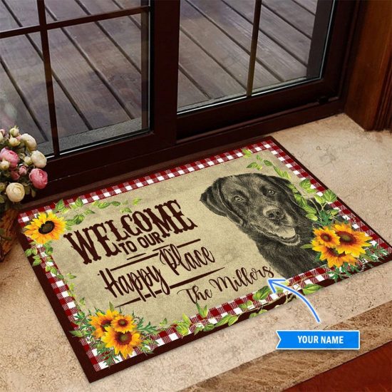 Black Labrador Happy Place Personalized Custom Name Doormat Welcome Mat