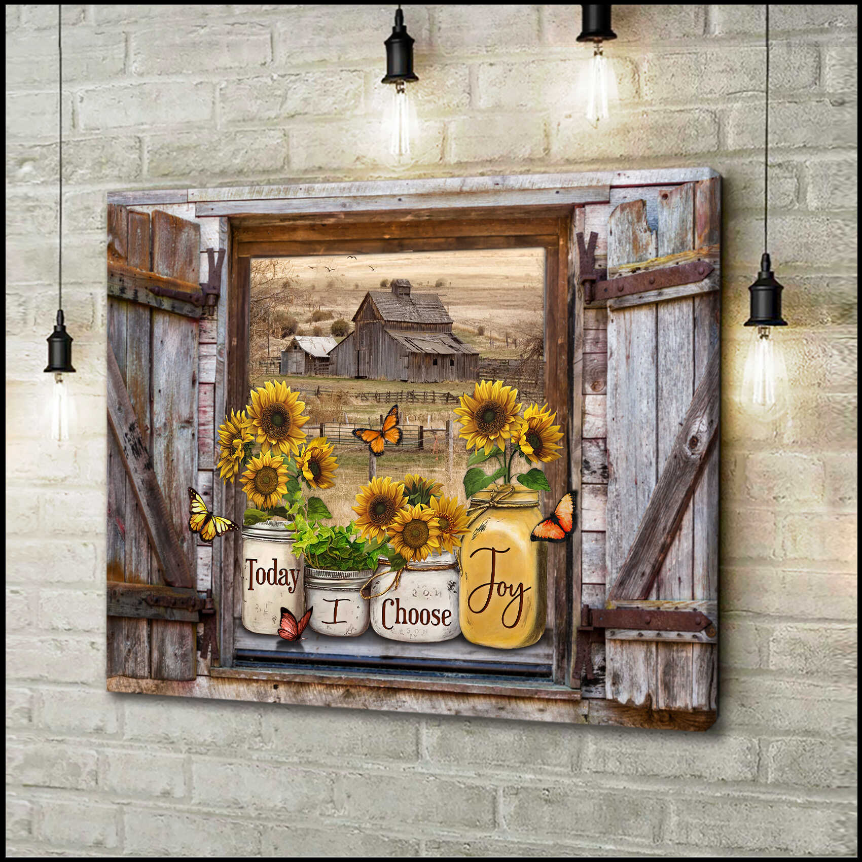 Butterflies Sunflower Mason Jars On Rustic Window Sill Barn View Today I Choose Joy Canvas Prints Wall Art Decor