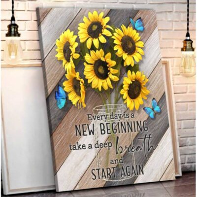 Butterfly Canvas Wall Art - Motivational Quotes Canvas - Every Day Is A New Beginning Sunflower And Butterfly Canvas Wall Art Decor