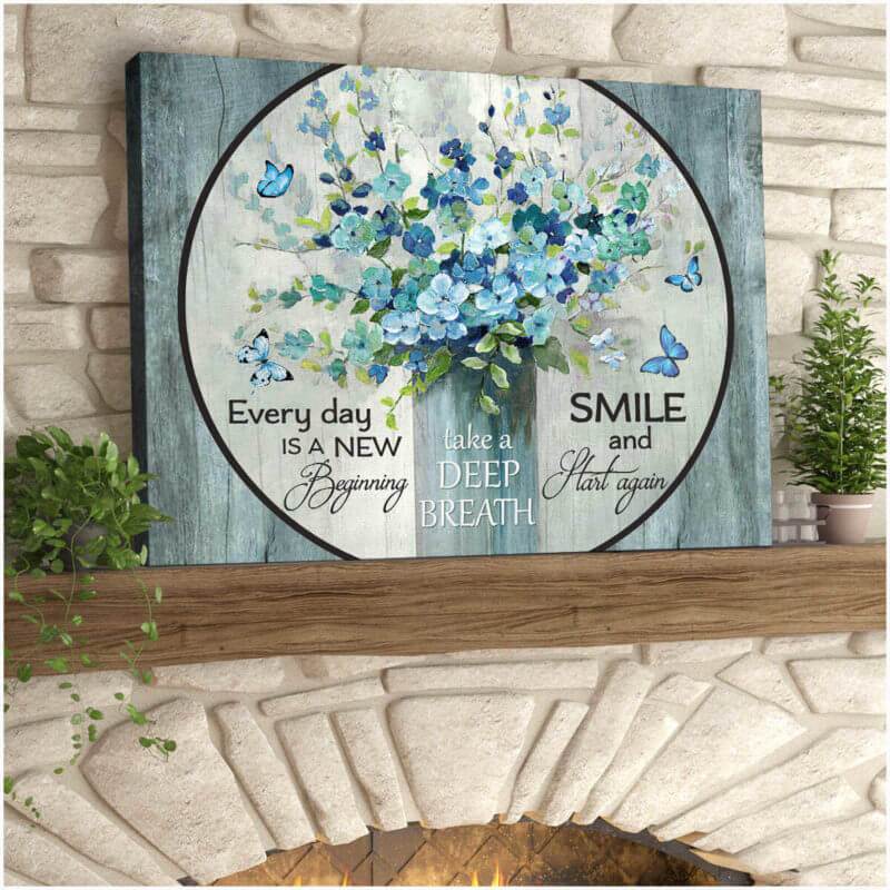 Butterfly Canvas Wall Art - Motivational Quotes Canvas - New Beginning Butterfly And Flowers Canvas Wall Art Decor