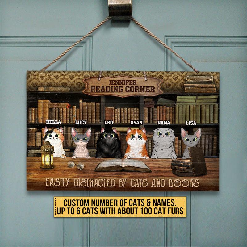 Cat Reading Corner Easily Distracted By Cats And Books Custom Wood Rectangle Sign
