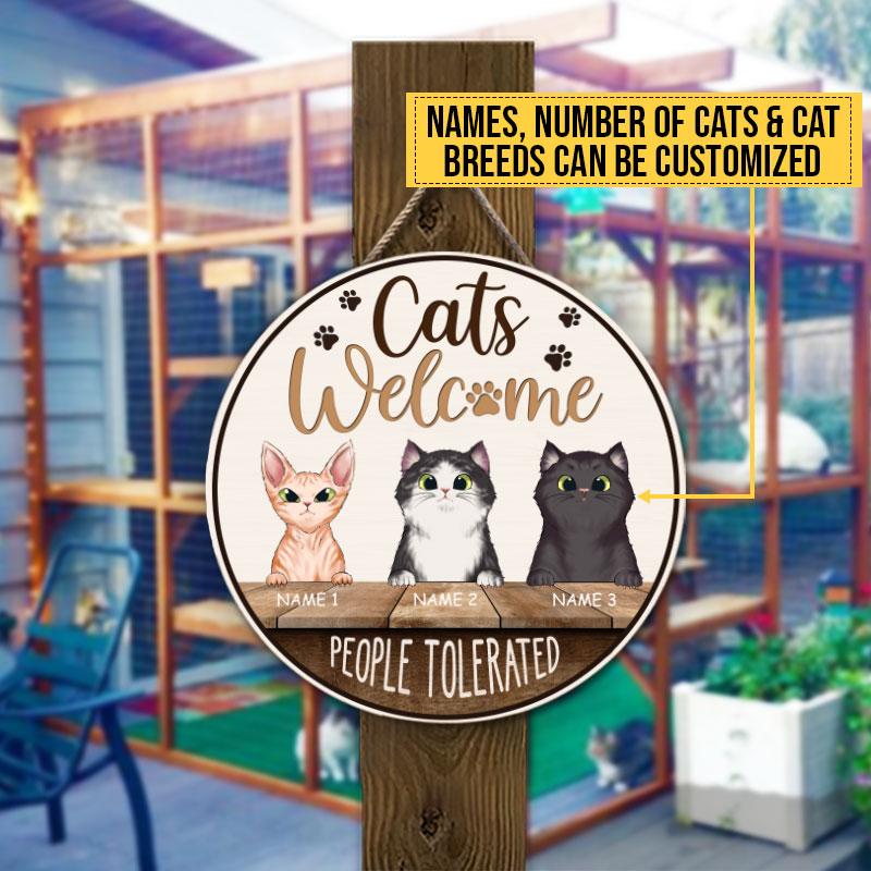 Cats-Welcome-People-Tolerated-Cat-Welcome-Sign-Cat-Lover-Gift-Home-Decor-Custom-Wood-Circle-Sign-2 Cat Lover Gift