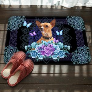 Chihuahua Dogs Blue Floral Background Doormat Welcome Mat