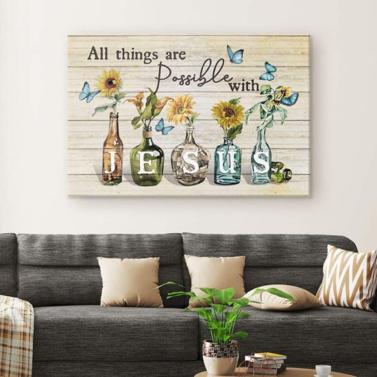 Christian Wall Art All Things Are Possible With Jesus Sunflower Butterfly Canvas 1