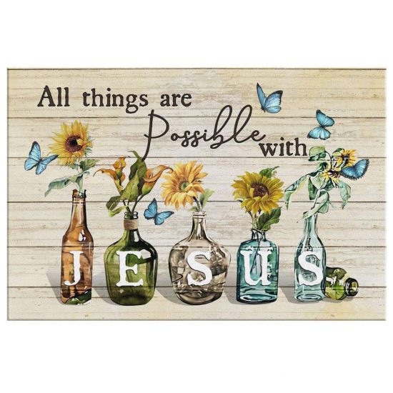 Christian Wall Art All Things Are Possible With Jesus Sunflower Butterfly Canvas 2