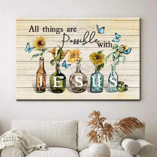 Christian Wall Art: All Things Are Possible With Jesus Sunflower Butterfly Canvas