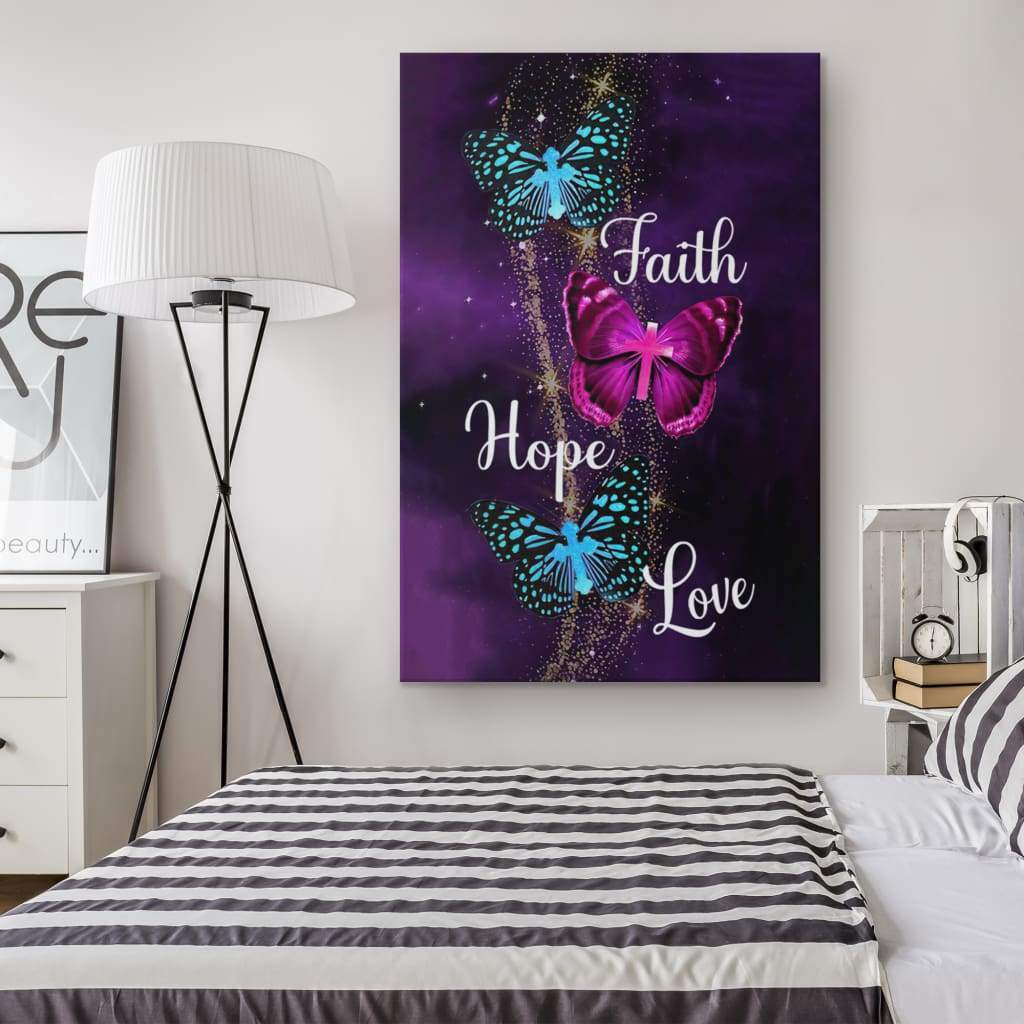 Christian Wall Art: Faith Hope Love Butterfly With Cross Canvas Art ...