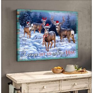 Christmas Deer Canvas O Come Let Us Adore Him Wall Art Decor 1