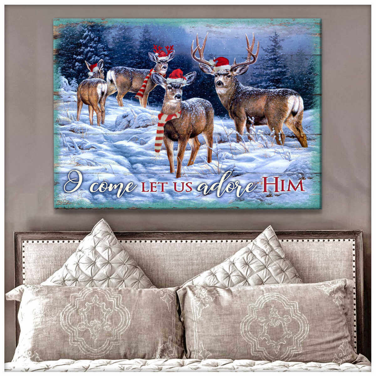 Christmas Deer Canvas O Come Let Us Adore Him Wall Art Decor