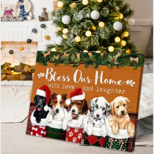 Christmas Dogs Canvas Bless Our Home With Love And Laughter Wall Art Decor 1