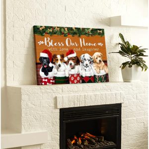 Christmas Dogs Canvas Bless Our Home With Love And Laughter Wall Art Decor 3