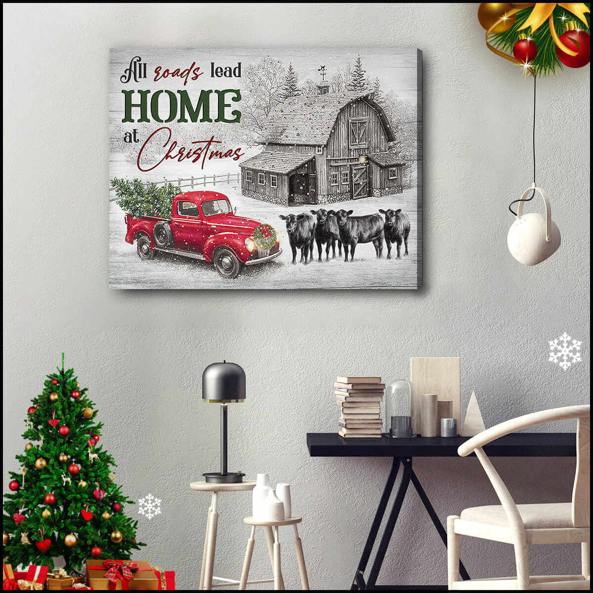 Christmas Farm Farmhouse Angus Cows Canvas All Roads Lead Home At Christmas Wall Art Decor