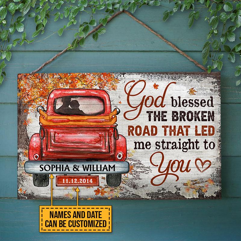 Couple Gift Husband Wife God Blessed The Broken Road Fall Leaves Custom Wood Rectangle Sign