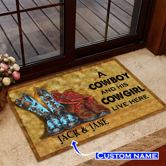 Cowboy And Cowgirl Personalized Custom Name Doormat Welcome Mat