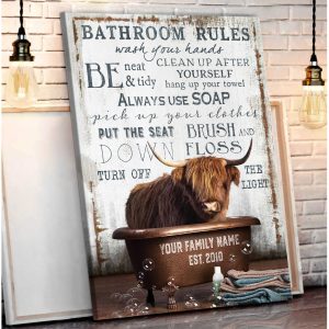 Custom Highland Cattle Cow In The Bathtub On Vintage Rustic Wood Bathroom Rules Farm Farmhouse Canvas Prints Wall Art Decor 2