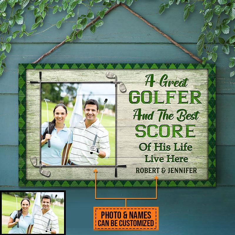 Custom Photo Gift Golf Couple Golfer Best Score Live Here Custom Wood Rectangle Sign