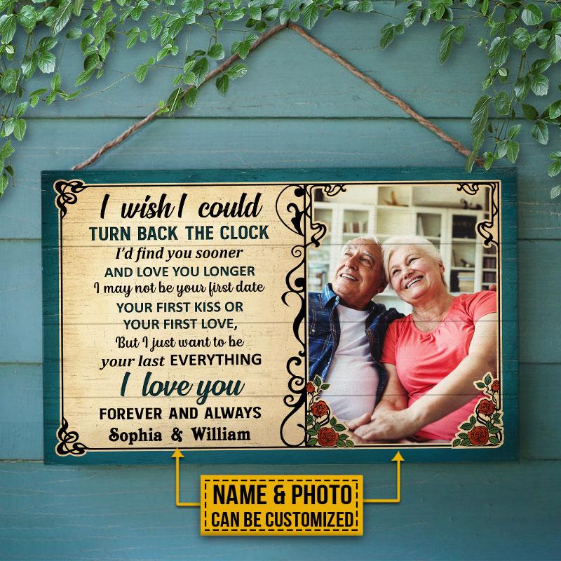 Custom Photo Old Couple Husband Wife Turn Back The Clock Photo Gift Vintage Custom Wood Rectangle Sign