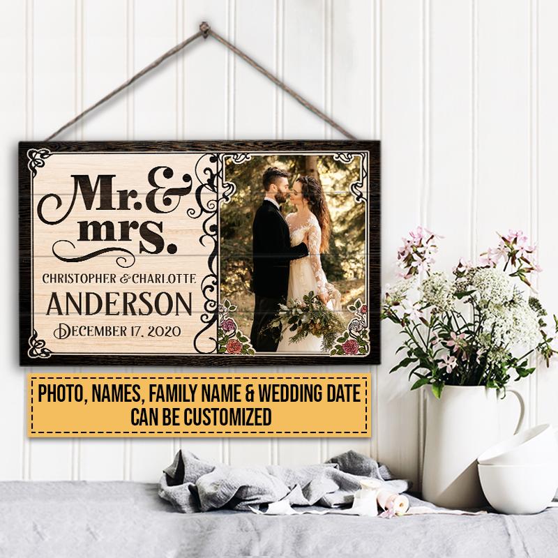Custom Photo Wedding Married Couple Mr & Mrs Custom Wood Rectangle Sign