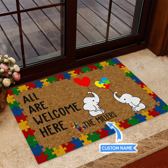 Elephant Autism Welcome Personalized Custom Name Doormat Welcome Mat
