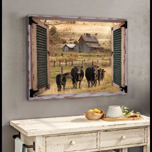 Farm Farmhouse Window Barn With Angus Cow Canvas Prints Wall Art Decor 1