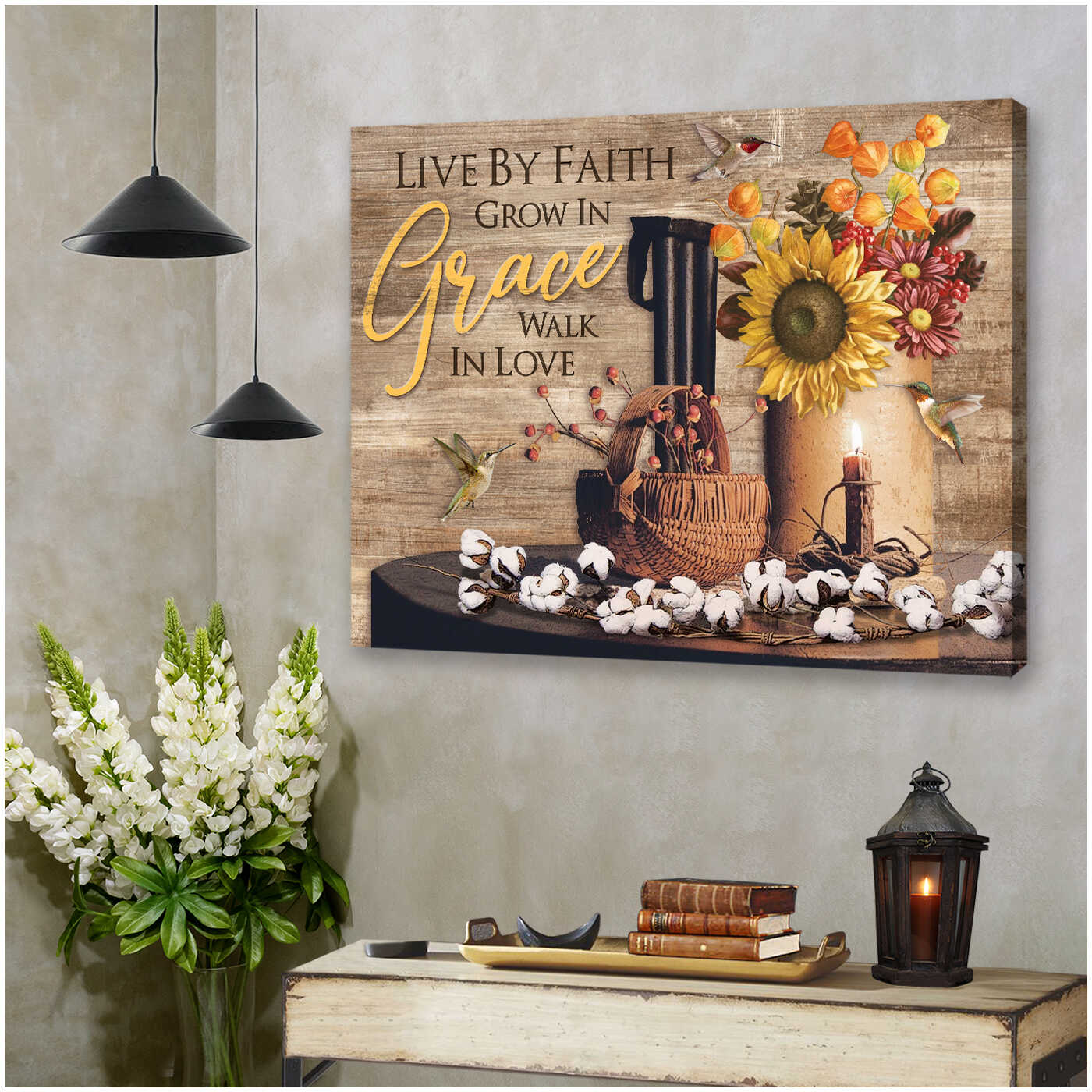 Farmhouse Decoration And Hummingbirds Live By Faith Grow In Grace Walk In Love Farmer Farmhouse Canvas Prints Wall Art Decor