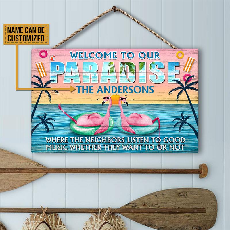 Flamingo Beach Paradise Listen To Good Music Custom Wood Rectangle Sign