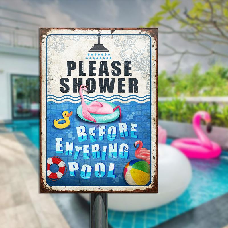 Flamingo Pool Please Shower Custom Classic Metal Signs