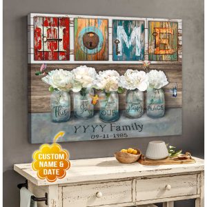 Floral Mason Jars And Hummingbird On Vintage Brown Wood Home This Is Our Happy Place Farm Farmhouse Custom Family Name And Date Canvas Prints Wall Art Decor 1