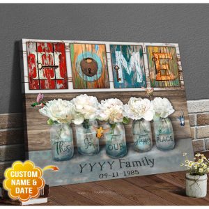 Floral Mason Jars And Hummingbird On Vintage Brown Wood Home This Is Our Happy Place Farm Farmhouse Custom Family Name And Date Canvas Prints Wall Art Decor