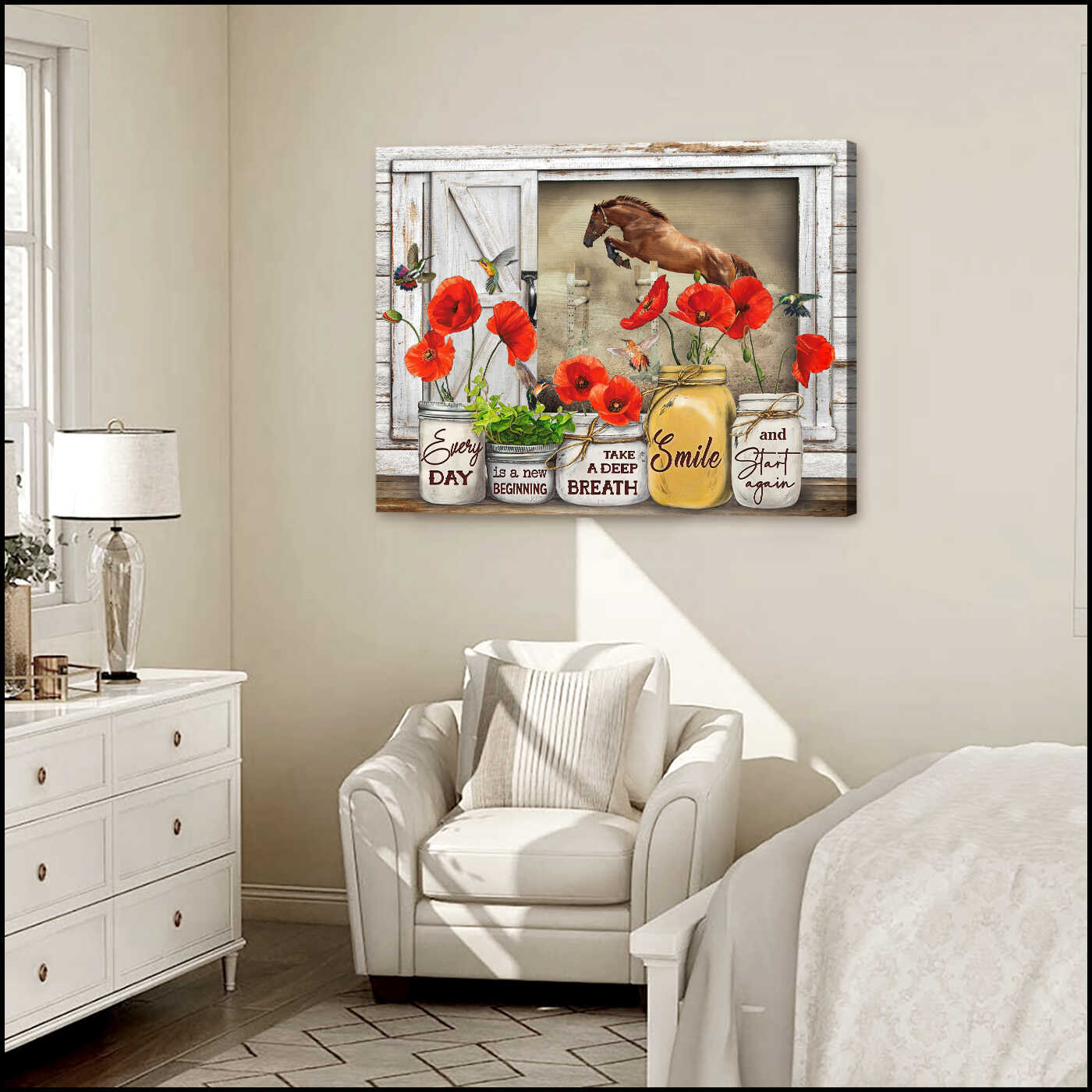 Flying Horse From Vintage Window With Poppy Mason Jars And Hummingbirds Everyday Is A New Beginning Take A Deep Breath Smile And Start Again Farm Farmhouse Canvas Prints Wall Art Decor