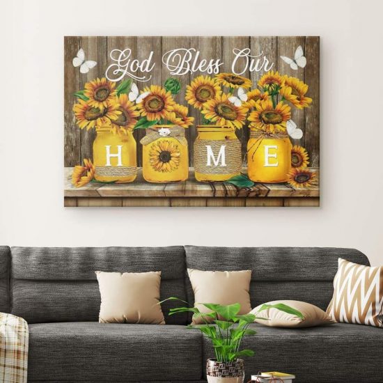 God Bless Our Home Butterfly Sunflowers Christian Wall Art Canvas 1