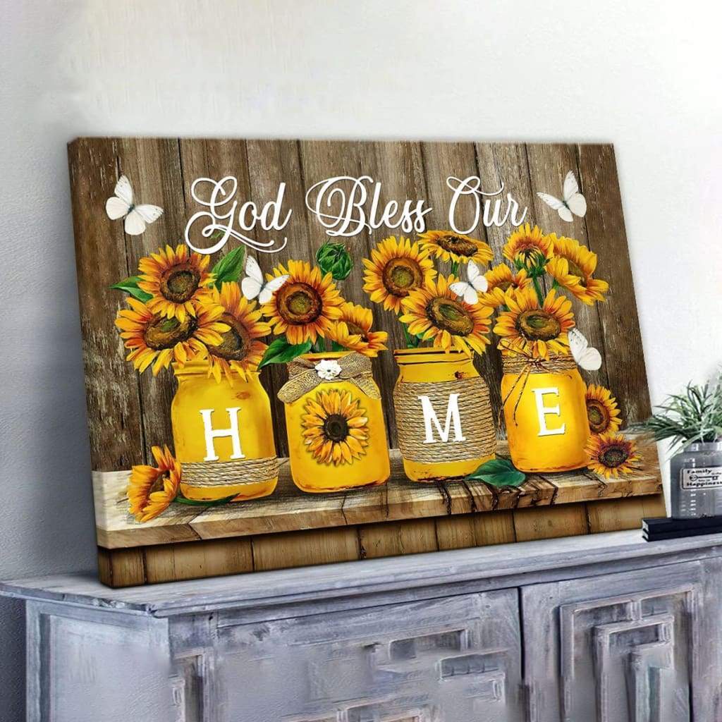 God Bless Our Home Butterfly Sunflowers Christian Wall Art Canvas - Teehall