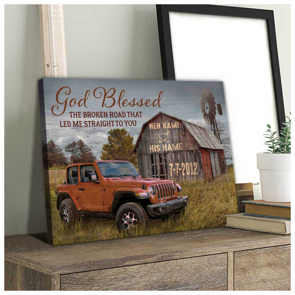 God Blessed The Broken Road Barn And Jeep Custom Name And Date Personalized Custom Canvas Prints Wall Art Decor