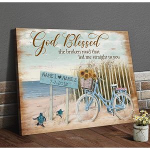 God Blessed The Broken Road Summer Beach And Sunflower Bike Custom Personalized Canvas Prints Wall Art Decor