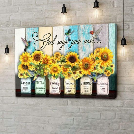 God Says You Are Hummingbird Sunflower Christian Wall Art Canvas