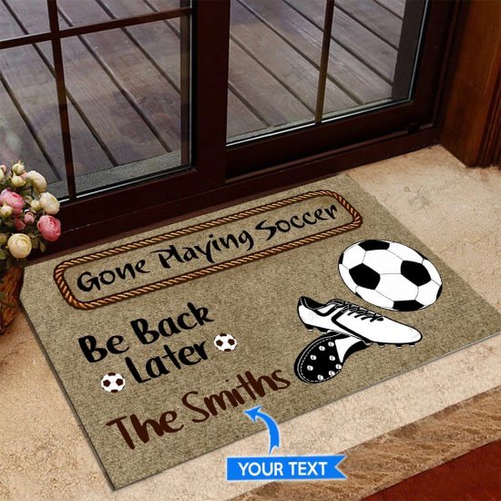 Gone Playing Soccer Personalized Custom Name Doormat Welcome Mat