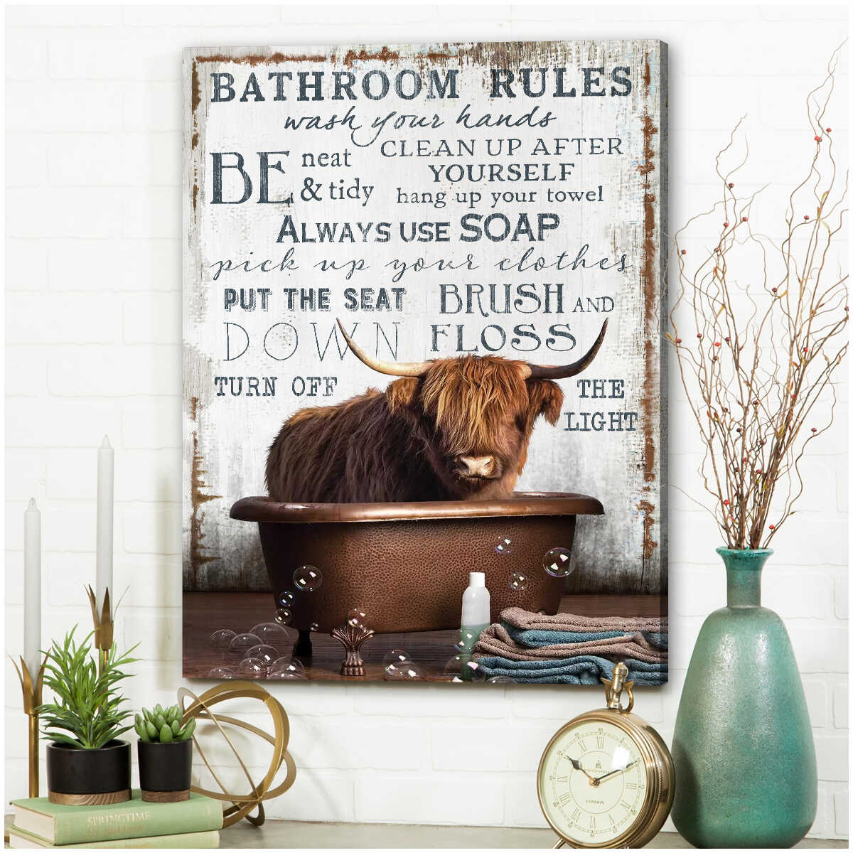 Highland Cattle Cow In The Bathtub On Vintage Rustic Wood Bathroom ...